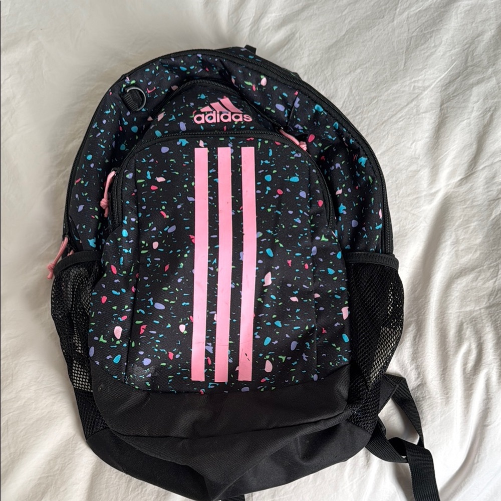 Adidas Black and Pink Backpack with Signature Stripes
